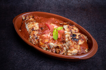 Turkish_Iskandar Shawarma Meat With Souce, bread and olive. 