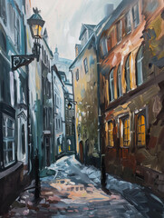 Fototapeta premium Seaside ancient town scenery oil painting