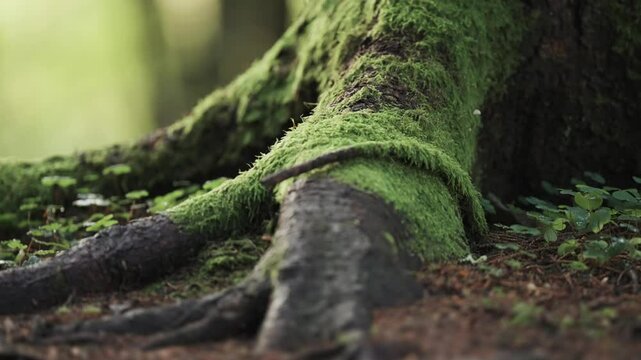 The timeless beauty of nature in the moss-covered roots of an ancient tree in contrast with tiny plants growing nearby. Parallax video.
