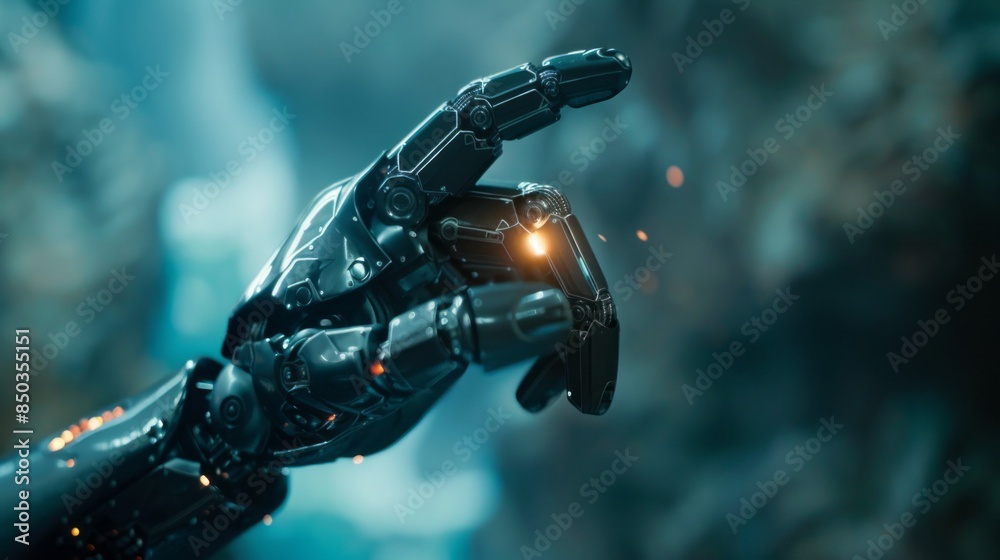 Poster A robot hand pointing to a glowing object