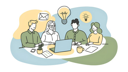 Working online team doing some creative job vector , illustration, remote virtual working freelancers or a part of coworking team.on light white blue background.