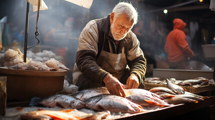 Riverside fish market A merchant is selling fish. using natural light.