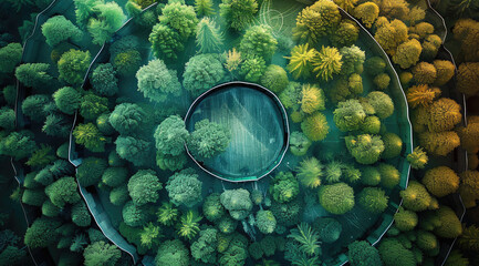 Ellipses filled with natural patterns, shades of green and blue. top view. Generative AI.