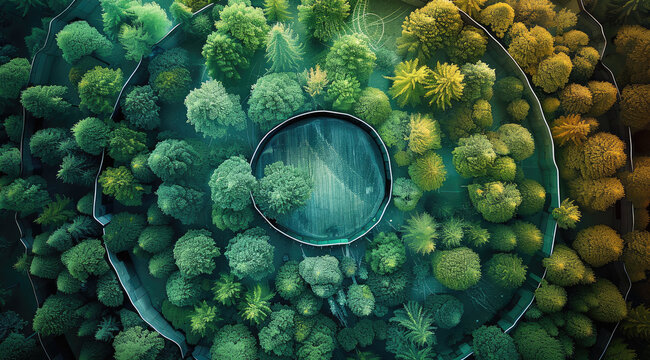 Ellipses filled with natural patterns, shades of green and blue. top view. Generative AI.