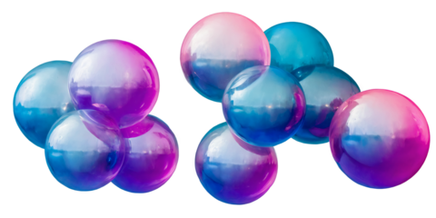 Colorful cluster of glossy bubbles with transparent, reflective surfaces on a white background