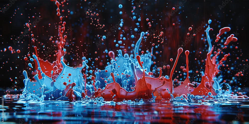 Aufkleber abstract symphony of blue and red ink splashes on a black stage. generative ai.