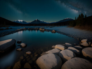 Milky Way over the beautiful mountains and river bank at night in summer. Colorful landscape with...