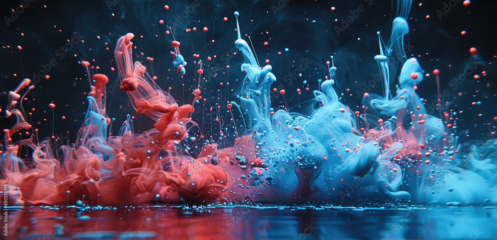 Aufkleber abstract symphony of blue and red ink splashes on a black stage. generative ai.