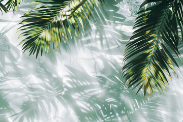 Obraz premium palm leaves on rippling water background, palm leaf shadows and water reflections