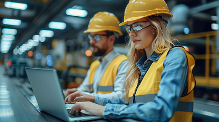 A male and female engineer in yellow safety vests wearing hard hats used laptop computers while standing near the production line at a factory, industrial workwear concept. Generative AI.