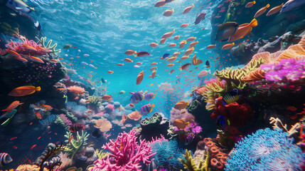 A vibrant coral reef teeming with colorful fish, underwater scene.