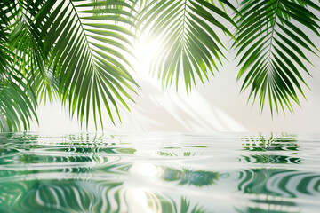 Obraz premium palm leaves on rippling water background, palm leaf shadows and water reflections