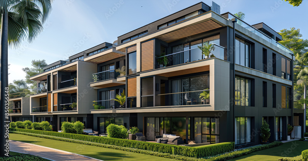 Poster a modern apartment block with 8 apartment units. modern rounded corners and breeze blocks, colors be