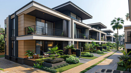 A modern apartment block with 8 apartment units. Modern Rounded corners and breeze blocks, colors beige and black with green lush plants and gardens. Generative AI.