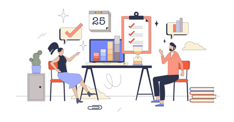 Performance management and sales report tiny person neubrutalism concept