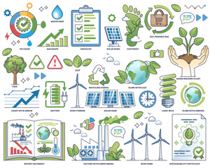 Sustainability reporting and business ESG policy outline collection set, transparent background. Labeled elements with nature friendly, environmental and green electricity solutions.
