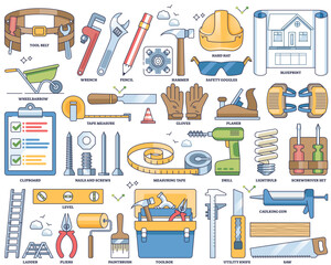 Handyman tools and professional repair work equipment outline collection set, transparent background. Labeled elements with home renovation contractor, maintenance.