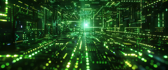 Obraz premium Dynamic Zoom Out of Neon Green Digital Cube with Motion Effect, Featuring Strong Metal and Machine Elements