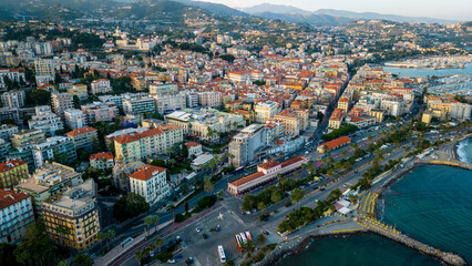 Aerial view of Sanremo city town on coastline Riviera in Italy 