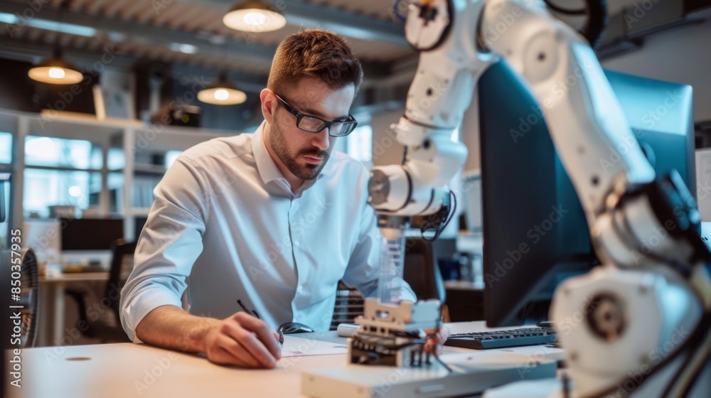 Poster a man is sitting at a desk with a robot in front of him
