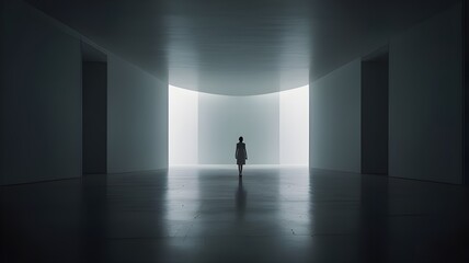Obraz premium A Solitary Figure Walking Towards Light in a Modern White Room The room is empty except for the person, who is dressed in dark clothing and appears to be moving with purpose. The lighting is dramatic,