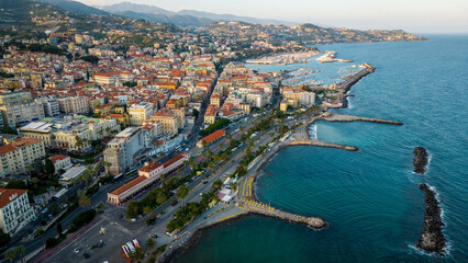 Aerial view of Sanremo city town on coastline Riviera in Italy 