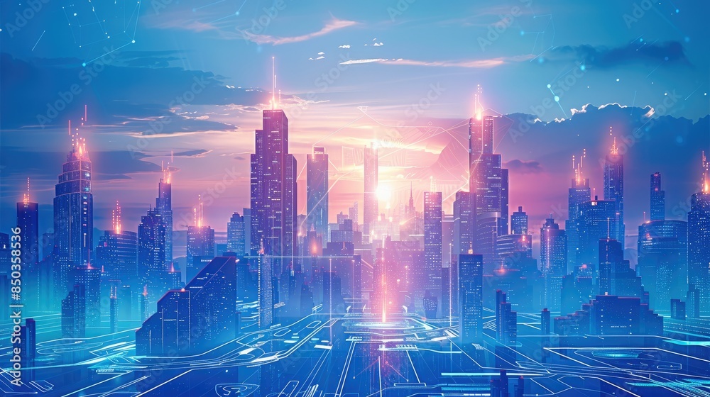 Poster a smart city, with a blue gradient background filled with technology motifs. the background includes