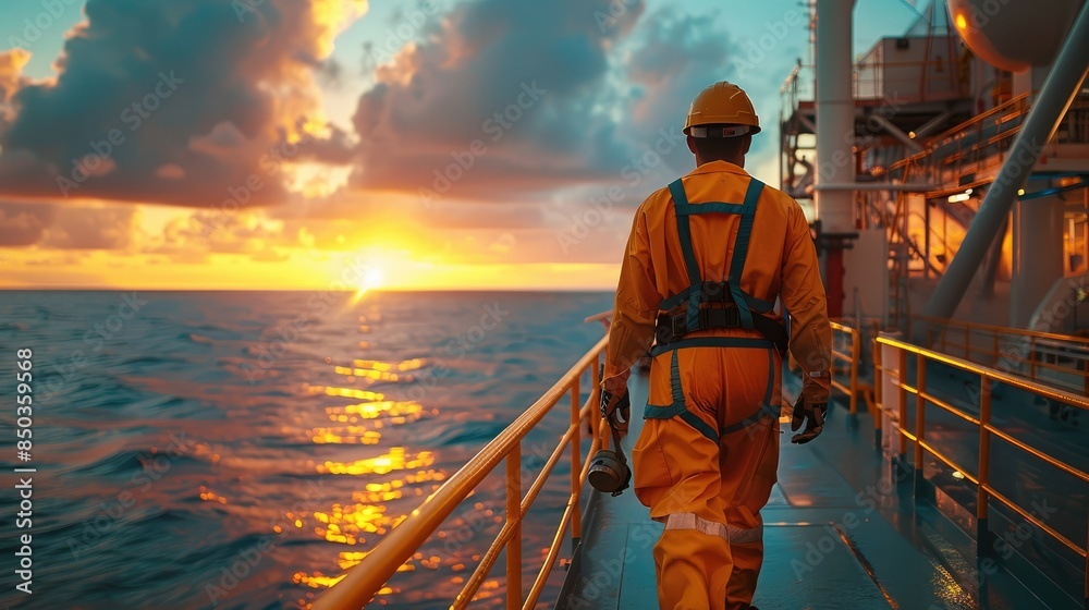 Aufkleber an oil and gas worker in uniform walking on the deck of an oil platform with an ocean horizon and su