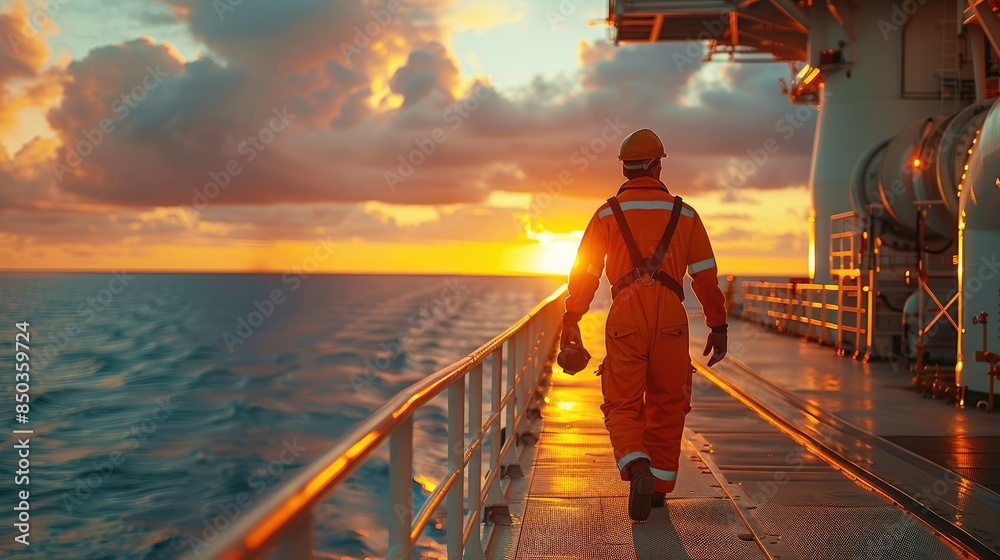 Aufkleber an oil and gas worker in uniform walking on the deck of an oil platform with an ocean horizon and su
