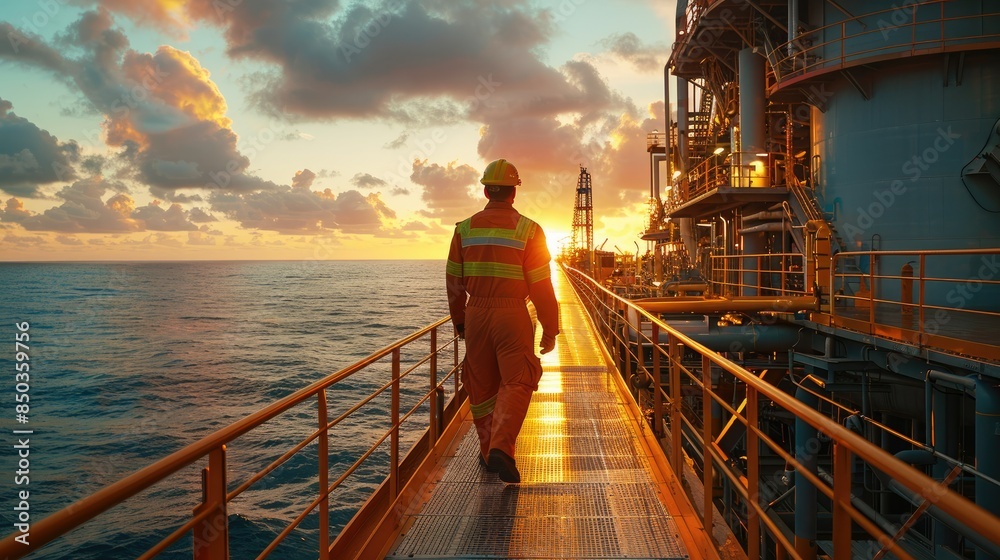 Poster An oil and gas worker in uniform walking on the deck of an oil platform with an ocean horizon and sunset sky background. Generative AI.