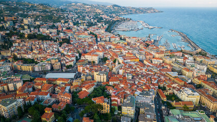 Aerial view of Sanremo city town on coastline Riviera in Italy 