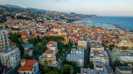 Obraz premium Aerial view of Sanremo city town on coastline Riviera in Italy 