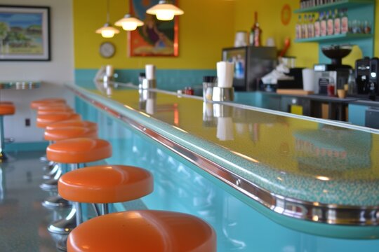 A vibrant retro restaurant counter with colorful tiles, neon signs, and chrome stools, evoking a nostalgic ambiance