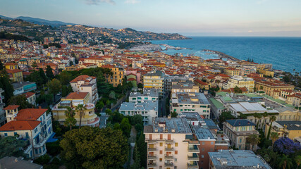 Naklejka premium Sanremo Italy coastal promenade and harbor with classical architecture, aerial 