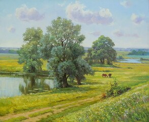 Summer meadows with trees by the river
