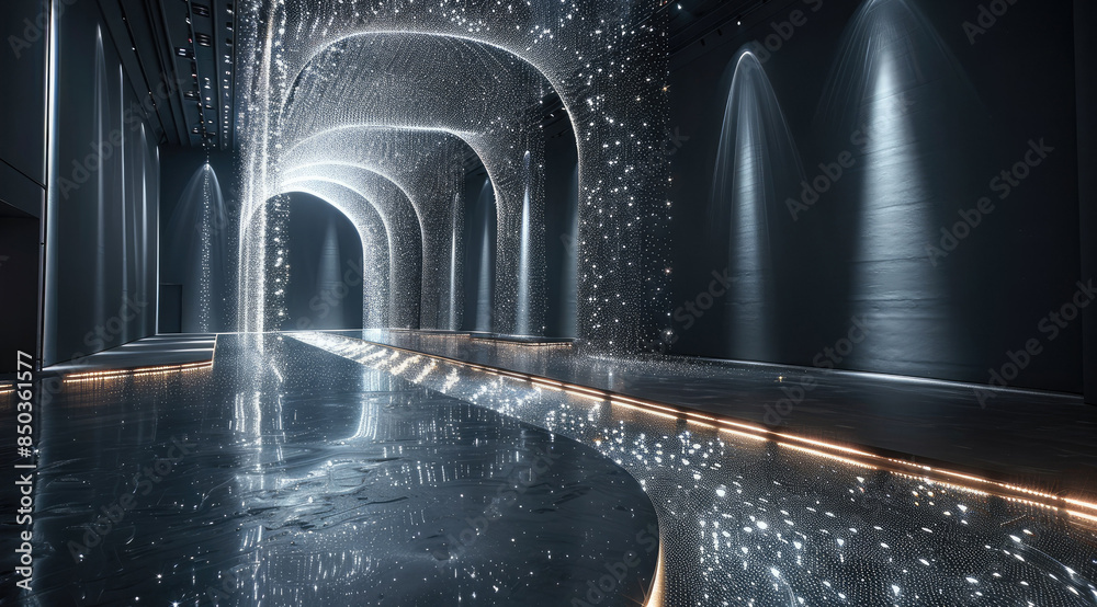 Aufkleber A dark room with black walls and floor, the ground is covered in tiny lights that form circular patterns on it, there's an LED light installation hanging from above casting long. Generative AI.