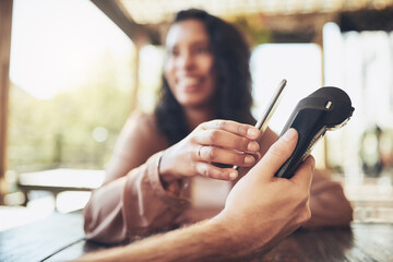 Customer, cellphone and pos terminal in coffee shop for payment by store for waitress service....