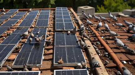 pigeons on the roof Solar panels on the roof of a house.generative.ai 