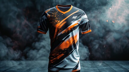 A modern, abstract sports jersey design with a black, white, and orange color scheme. The jersey features a unique, edgy pattern.