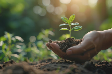 Hand of a man holding a small tree for planting for the environment green World Day Earth Day.