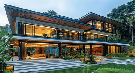 Fototapeta premium Modern tropical house with extensive cross-ventilation, large windows, and design elements that integrate with the natural environment. Generative AI.