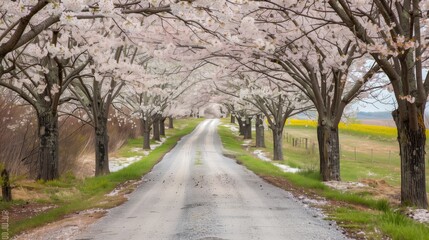 Obraz premium A scenic country road, lined with spring cherry blossoms, symbolizes serene, enchanting new beginnings.