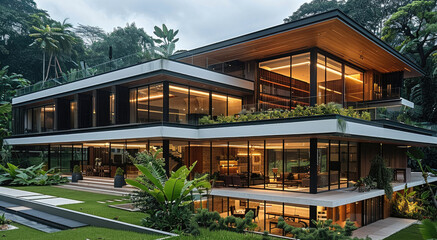 Obraz premium Modern tropical house with extensive cross-ventilation, large windows, and design elements that integrate with the natural environment. Generative AI.