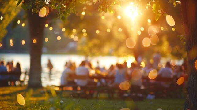 A dreamy depiction of a lakeside barbecue event with families and friends gathered together to enjoy delicious food and each others company.