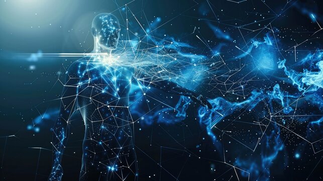 A man made of nexus plexus points and threads connected together, as their chakras are illuminated in space. Generative AI.