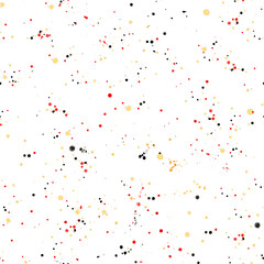 Seamless pattern with red black yellow watercolor shapes spray. Little spots on white backdrop on white background. Modern bright design texture in color germany flag with confetti. Soccer World Cup