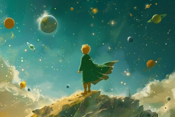 An imaginative depiction of the Little Prince surrounded by floating planets and stars, creating a sense of wonder