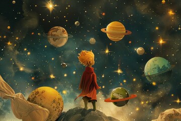 An imaginative depiction of the Little Prince surrounded by floating planets and stars, creating a sense of wonder 