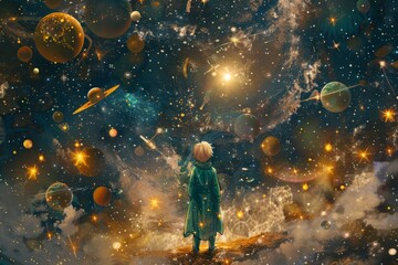 Obraz premium An imaginative depiction of the Little Prince surrounded by floating planets and stars, creating a sense of wonder 
