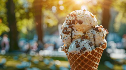 Close Up of Vanilla Ice Cream Cone With Chocolate Chips and Toppings on a Sunny Day